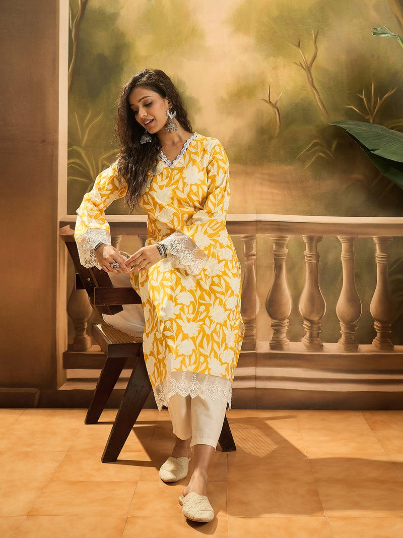 Stylum Women's Yellow Floral Printed Cotton Straight Kurta (YELLOWGALI)