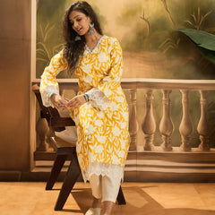 Stylum Women's Yellow Floral Printed Cotton Straight Kurta (YELLOWGALI)