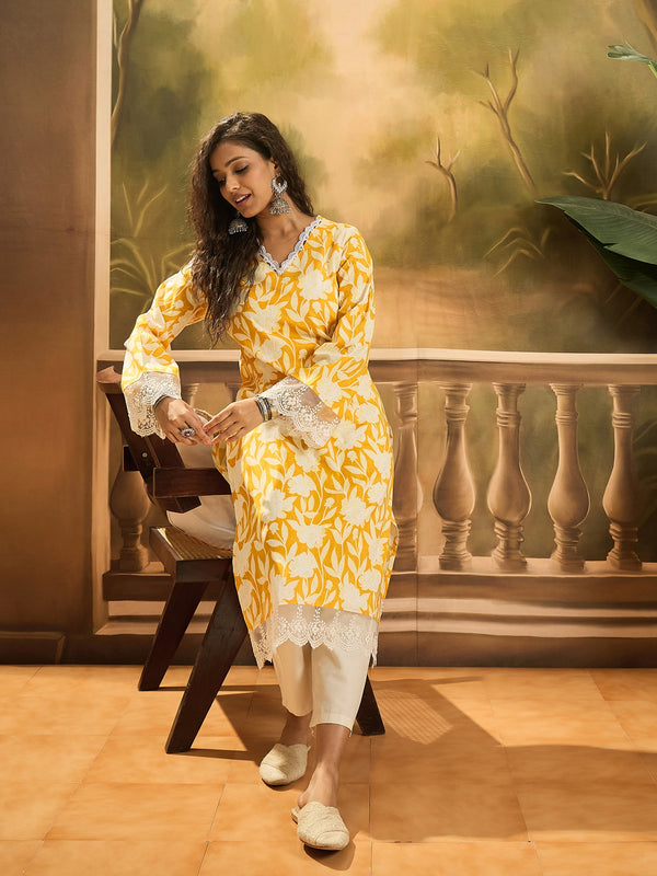 Stylum Women's Yellow Floral Printed Cotton Straight Kurta (YELLOWGALI)