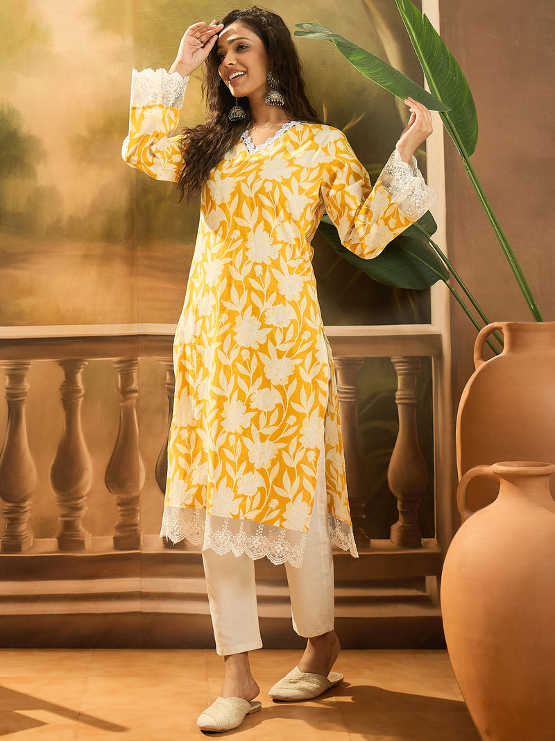 Stylum Women's Yellow Floral Printed Cotton Straight Kurta (YELLOWGALI)