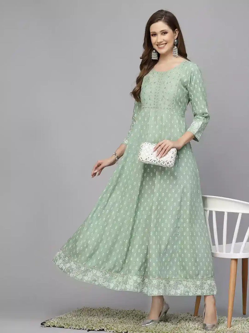Stylum Women's Green Printed & Embroidered Rayon Anarkali Kurta (PISTADION)