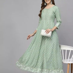 Stylum Women's Green Printed & Embroidered Rayon Anarkali Kurta (PISTADION)