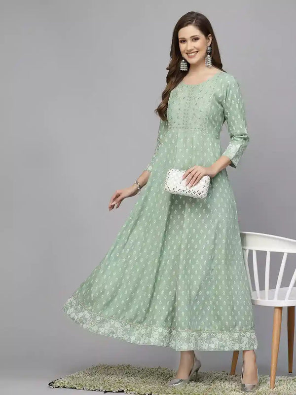 Stylum Women's Green Printed & Embroidered Rayon Anarkali Kurta (PISTADION)
