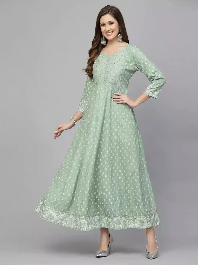 Stylum Women's Green Printed & Embroidered Rayon Anarkali Kurta (PISTADION)