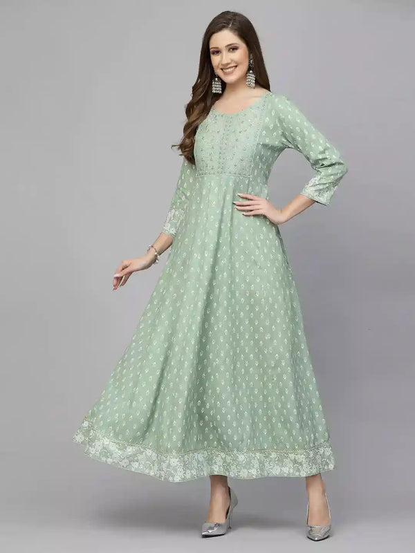 Stylum Women's Green Printed & Embroidered Rayon Anarkali Kurta (PISTADION)