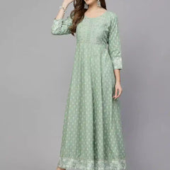Stylum Women's Green Printed & Embroidered Rayon Anarkali Kurta (PISTADION)