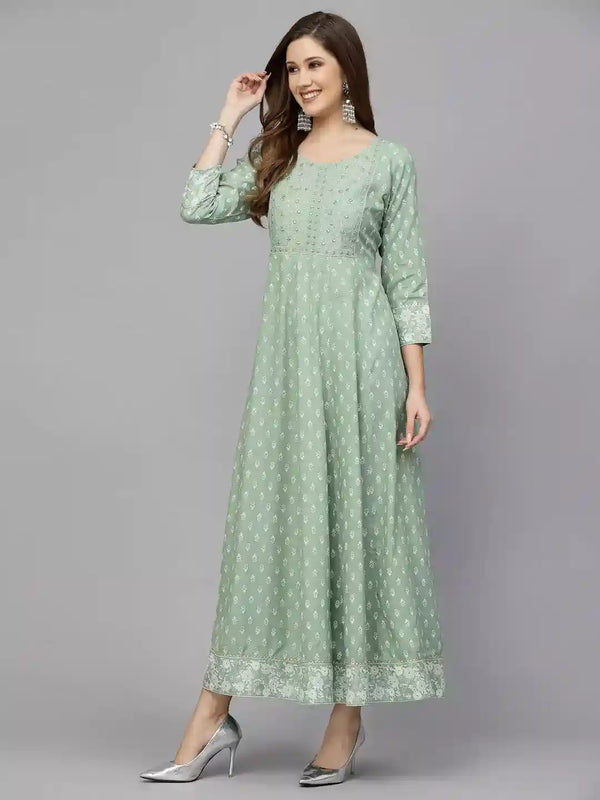 Stylum Women's Green Printed & Embroidered Rayon Anarkali Kurta (PISTADION)