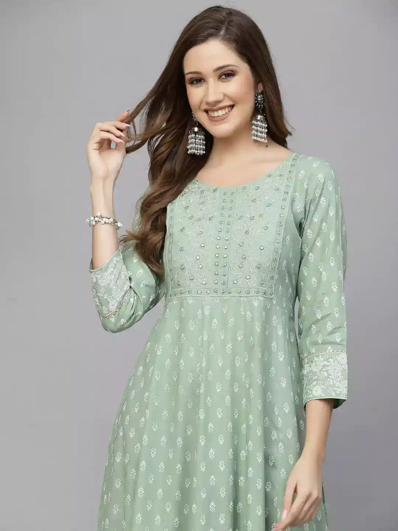 Stylum Women's Green Printed & Embroidered Rayon Anarkali Kurta (PISTADION)