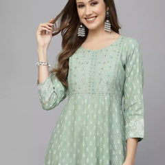 Stylum Women's Green Printed & Embroidered Rayon Anarkali Kurta (PISTADION)