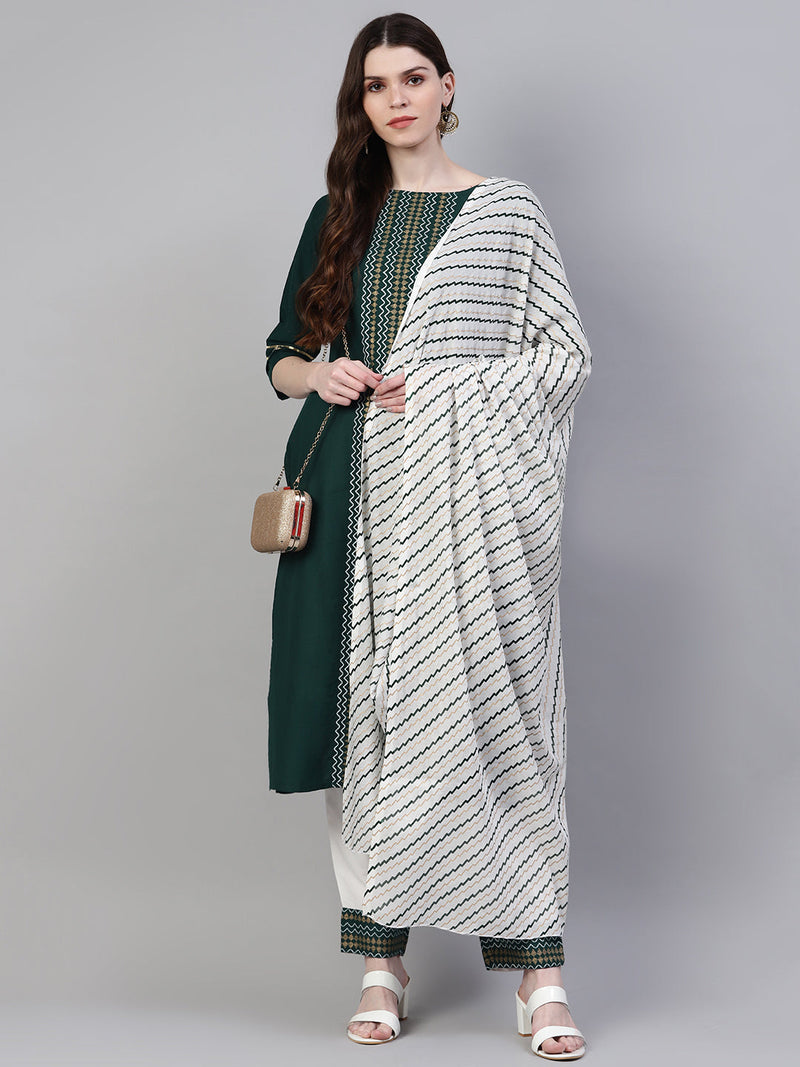 Stylum Women's Printed Cotton Straight Kurta Pant Dupatta Set (01F-greenkpd)