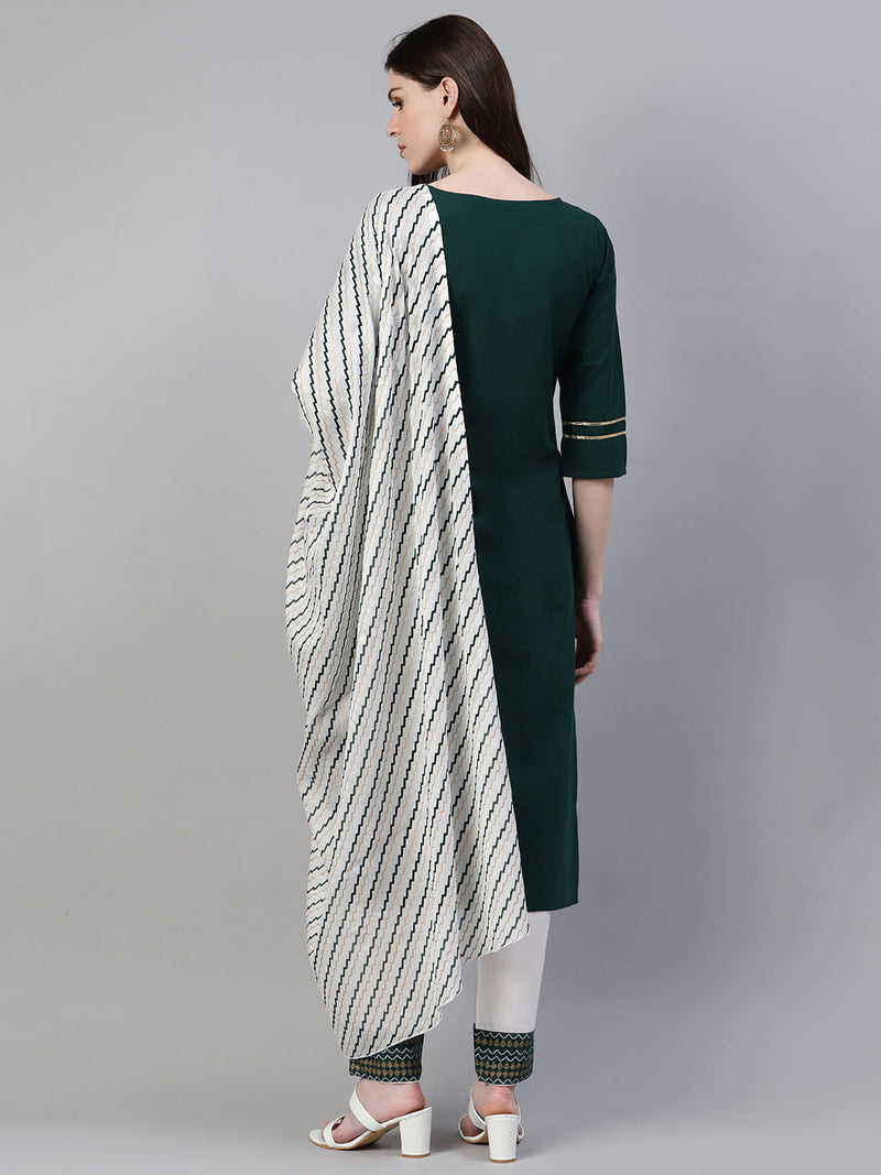 Green Cotton Straight Kurta Pant Dupatta Set