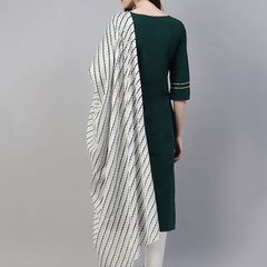 Green Cotton Straight Kurta Pant Dupatta Set