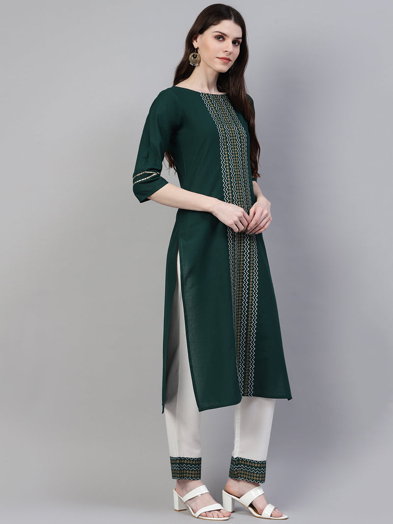 Green Cotton Straight Kurta Pant Dupatta Set