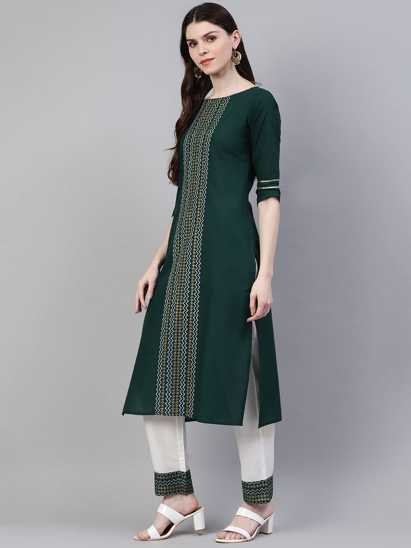 Green Cotton Straight Kurta Pant Dupatta Set