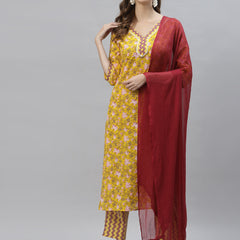 Floral Printed Cotton Straight Kurta Pant Dupatta Set