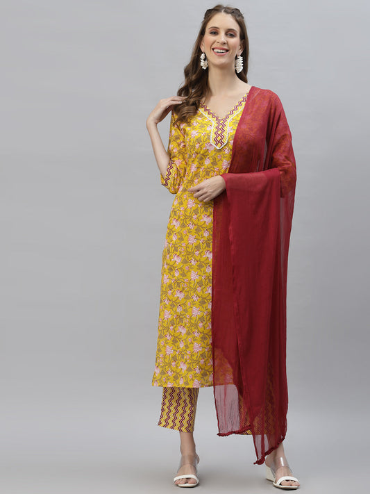 Floral Printed Cotton Straight Kurta Pant Dupatta Set