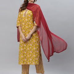 Floral Printed Cotton Straight Kurta Pant Dupatta Set