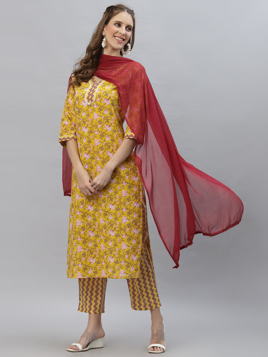 Floral Printed Cotton Straight Kurta Pant Dupatta Set