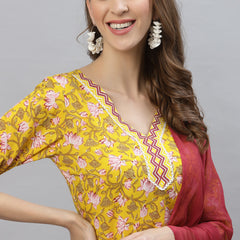 Stylum Women's Floral Printed Cotton Straight Kurta Pant Dupatta Set (ALIZAMUSTARD)