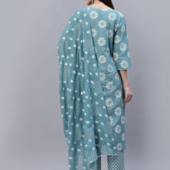 Stylum Women's Printed Cotton Straight Kurta Pant Dupatta Set (AquaChecksKPDSet)