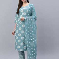 Stylum Women's Printed Cotton Straight Kurta Pant Dupatta Set (AquaChecksKPDSet)