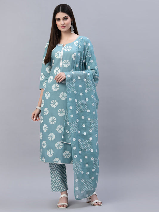 Stylum Women's Printed Cotton Straight Kurta Pant Dupatta Set (AquaChecksKPDSet)