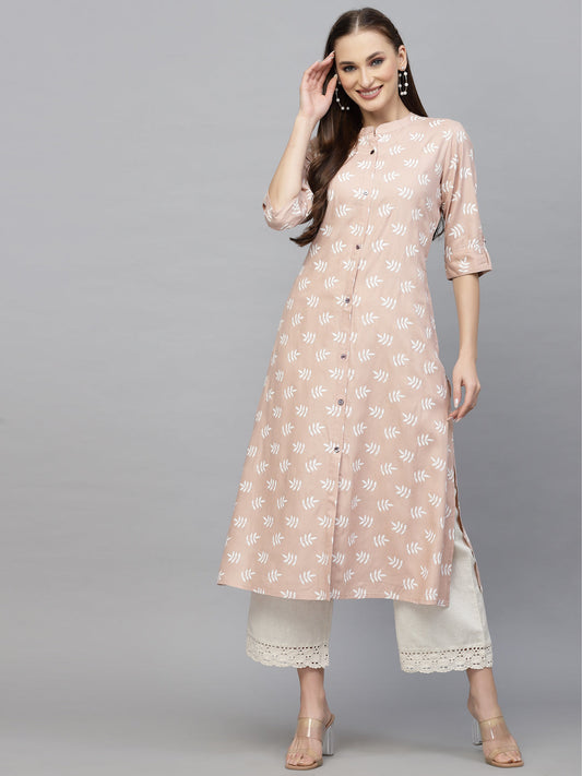 Stylum Women's Printed Rayon A-Line Kurta (BEIGENEMO)