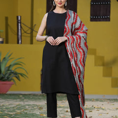 Stylum Women's Solid Cotton Blend Straight Kurta Pant Dupatta Set (BLACKBETTY)