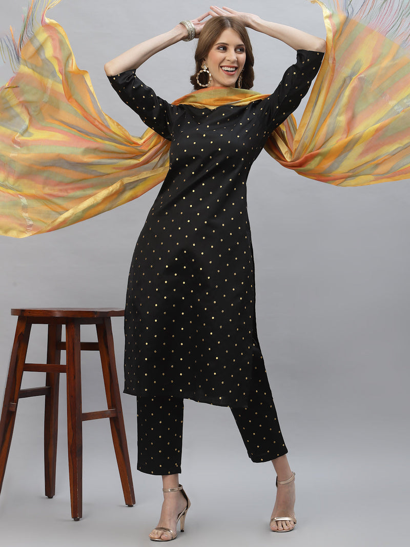 Stylum Women's Self Design Poly Silk Straight Kurta Pant & Dupatta Set (BLACKBMW)