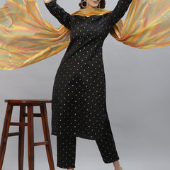 Stylum Women's Self Design Poly Silk Straight Kurta Pant & Dupatta Set (BLACKBMW)