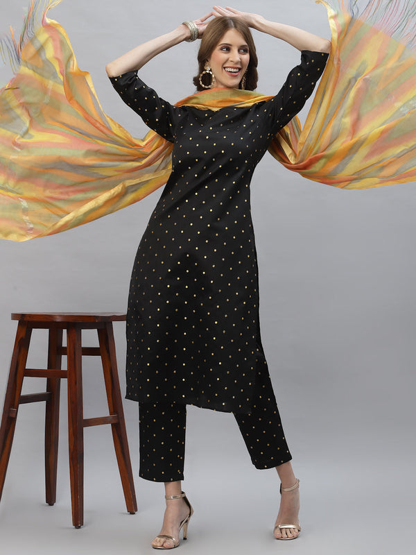 Stylum Women's Self Design Poly Silk Straight Kurta Pant & Dupatta Set (BLACKBMW)