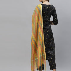 Stylum Women's Self Design Poly Silk Straight Kurta Pant & Dupatta Set (BLACKBMW)