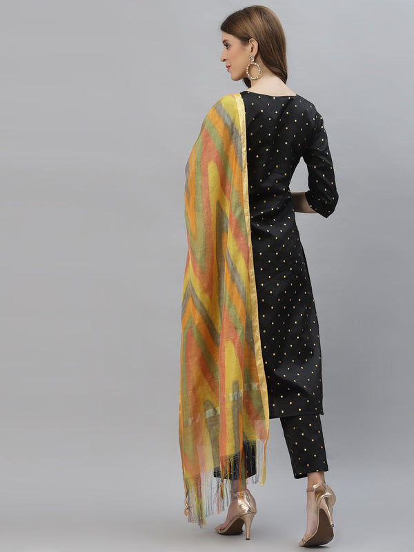 Stylum Women's Self Design Poly Silk Straight Kurta Pant & Dupatta Set (BLACKBMW)