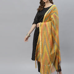 Stylum Women's Self Design Poly Silk Straight Kurta Pant & Dupatta Set (BLACKBMW)