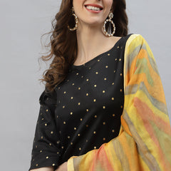 Stylum Women's Self Design Poly Silk Straight Kurta Pant & Dupatta Set (BLACKBMW)
