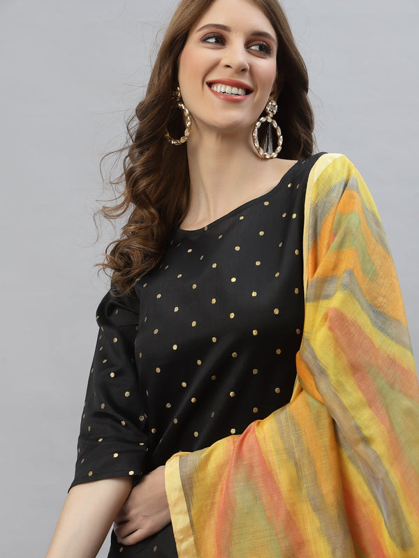 Stylum Women's Self Design Poly Silk Straight Kurta Pant & Dupatta Set (BLACKBMW)