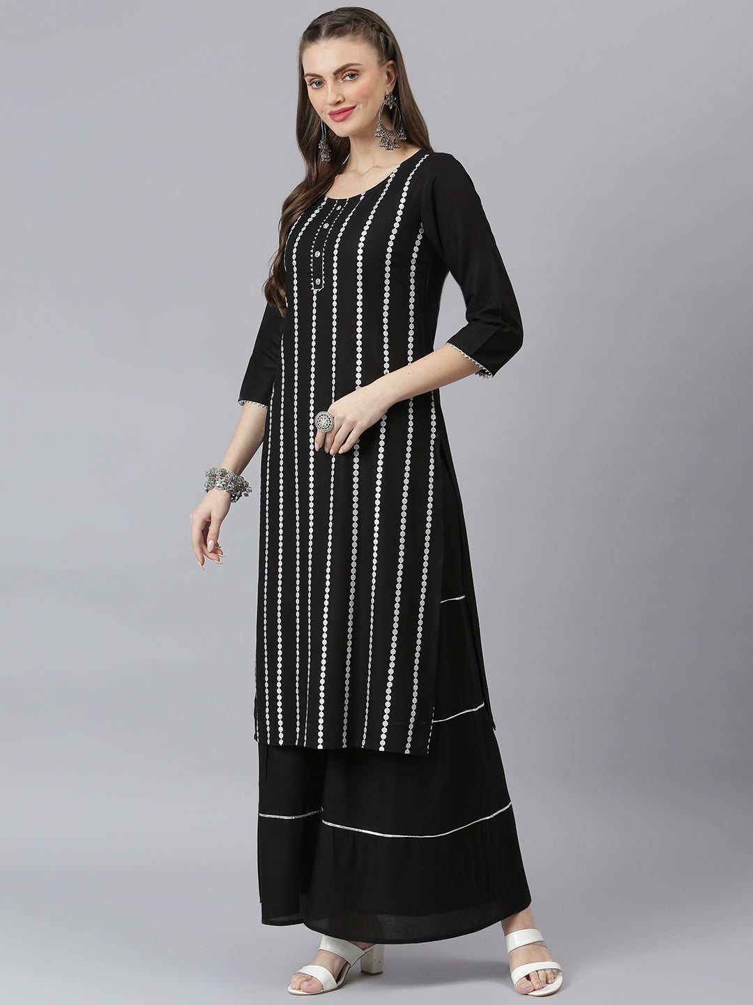 Stylum Women's Printed Rayon Straight Kurta Sharara Dupatta Set (BLACKSHARARASET)