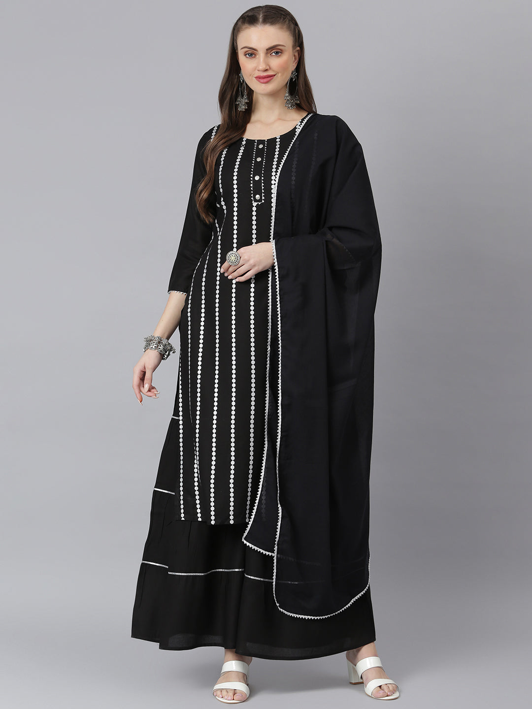 Stylum Women's Printed Rayon Straight Kurta Sharara Dupatta Set (BLACKSHARARASET)