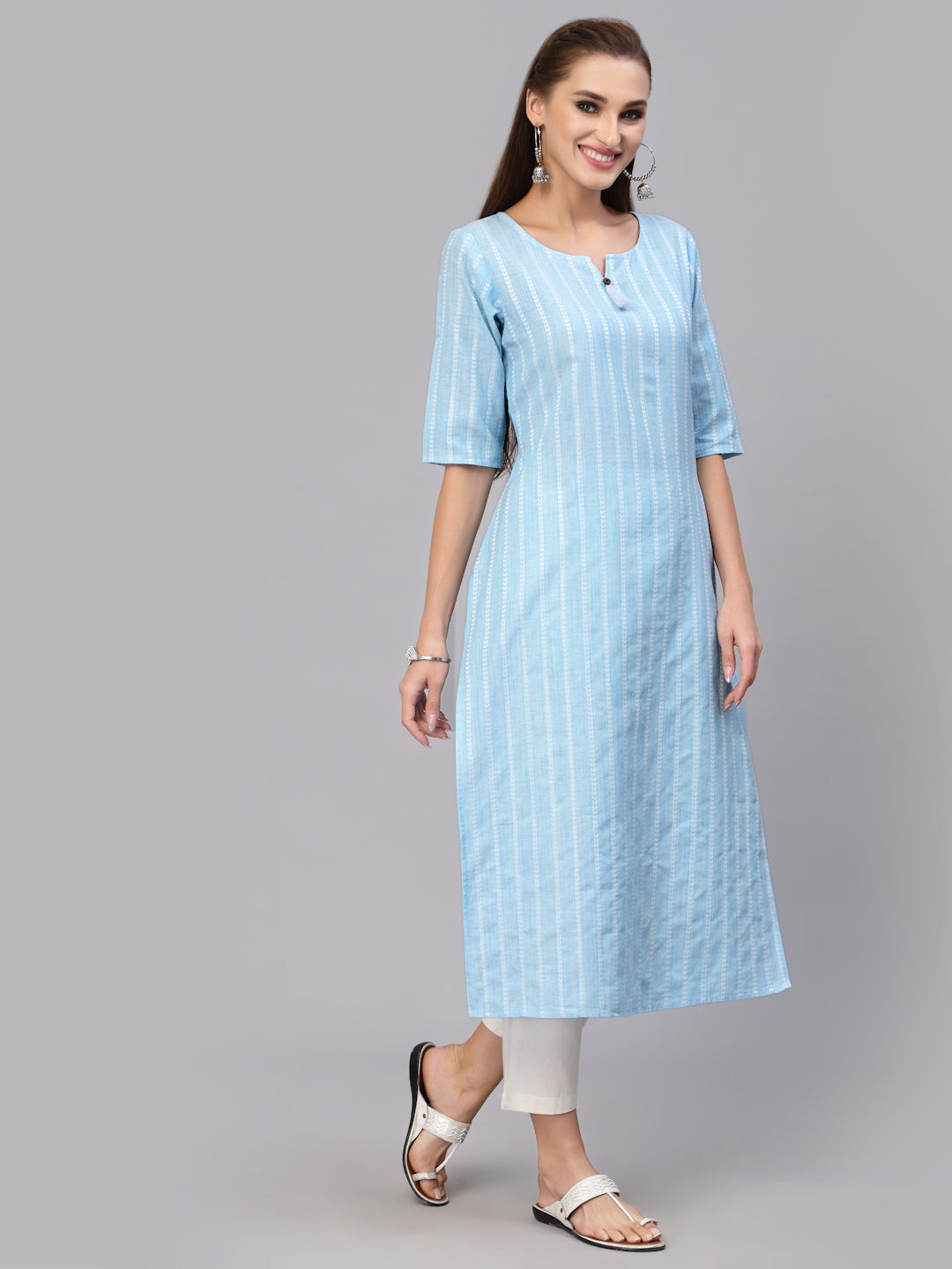 Striped Cotton Blend Straight Kurta