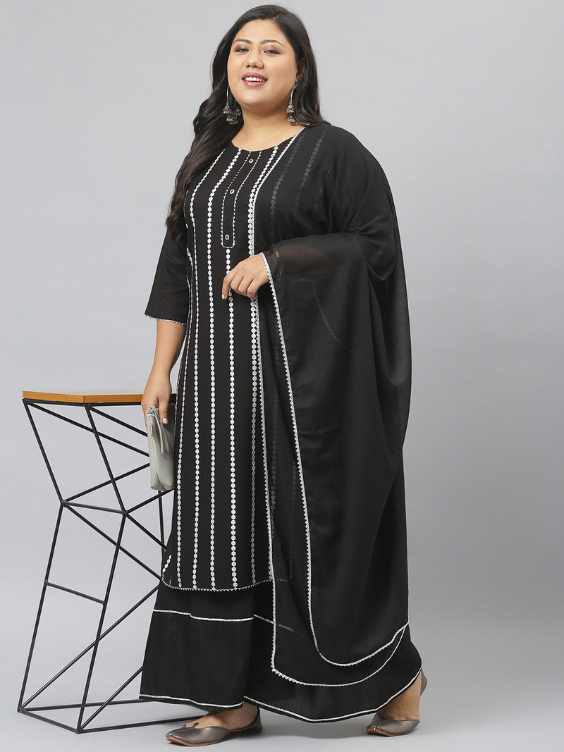 Stylum Women's  Printed Rayon Straight Kurta Sharara Dupatta Set (BlackSharara)