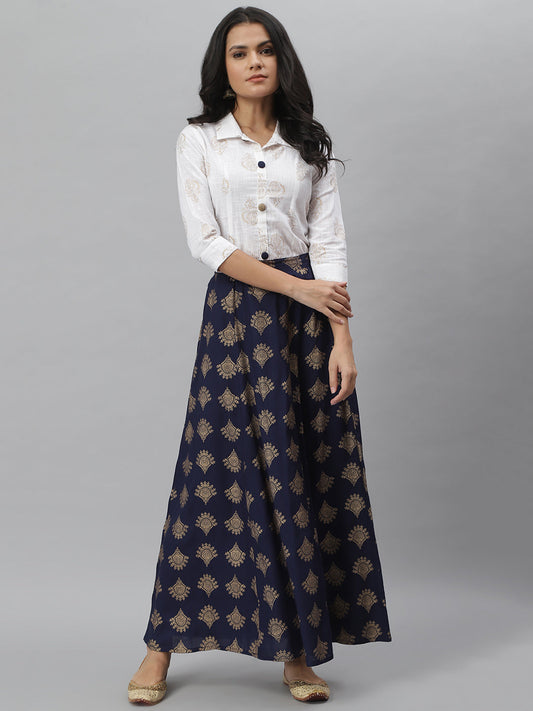 Stylum Women's Gold Print Cotton Blend Shirt Skirt Set (Bluezoomskirtoset)