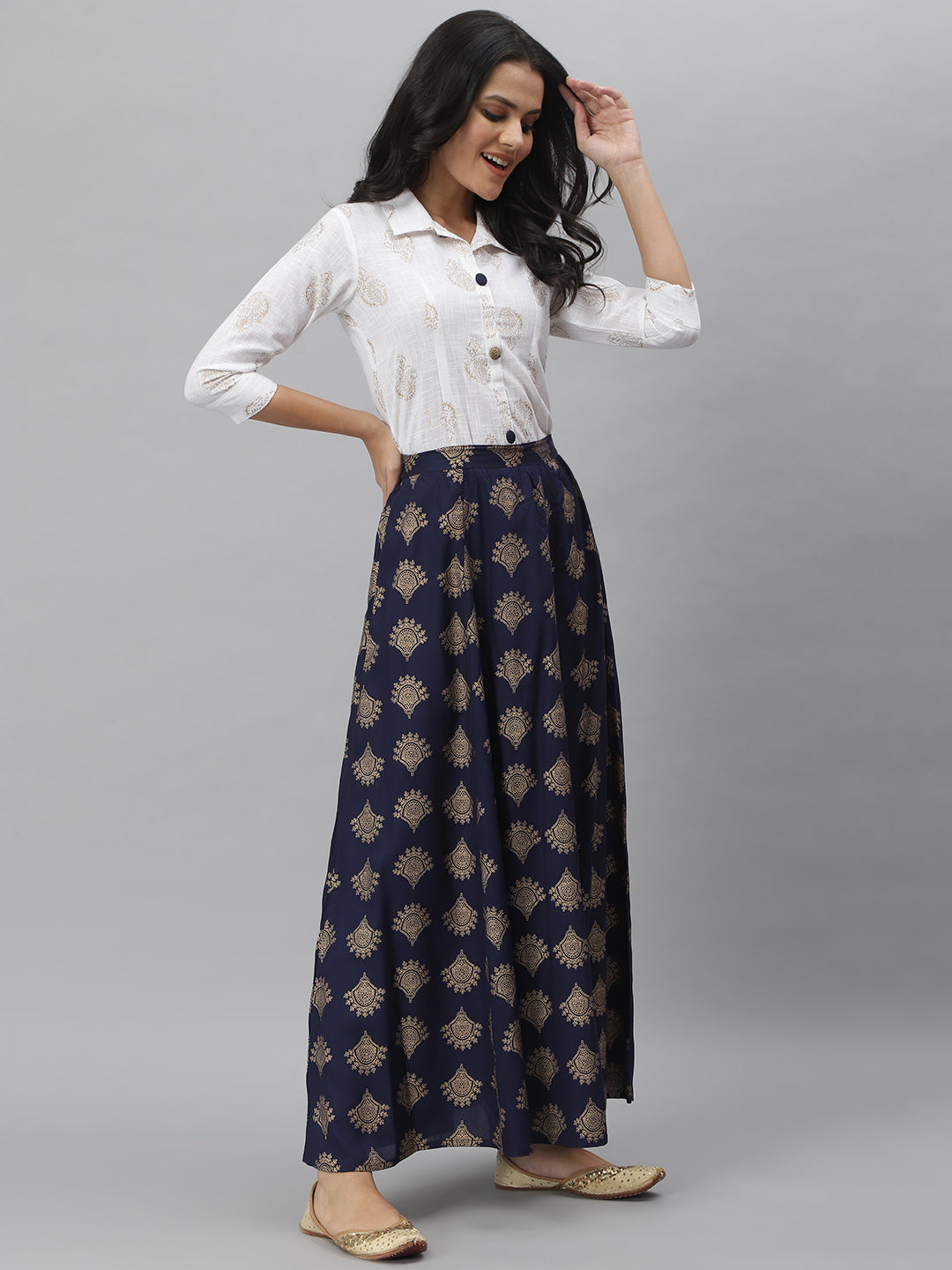 Blue skirt shop gold top