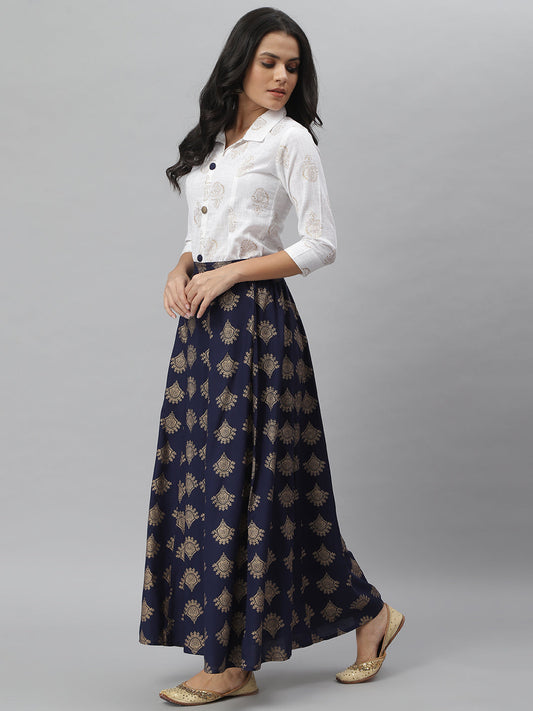 Stylum Women's Gold Print Cotton Blend Shirt Skirt Set (Bluezoomskirtoset)