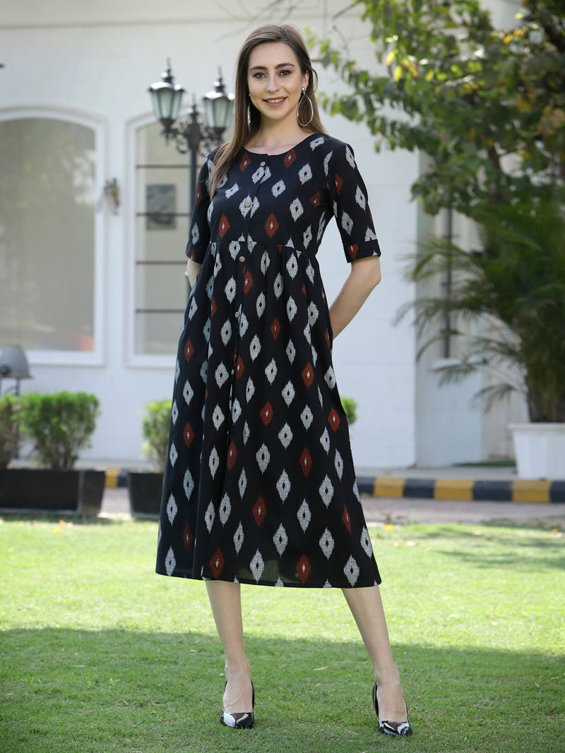 Ikat Print Cotton Midi Flared Dress