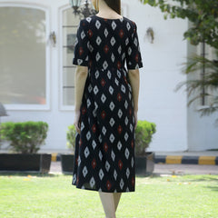 Ikat Print Cotton Midi Flared Dress