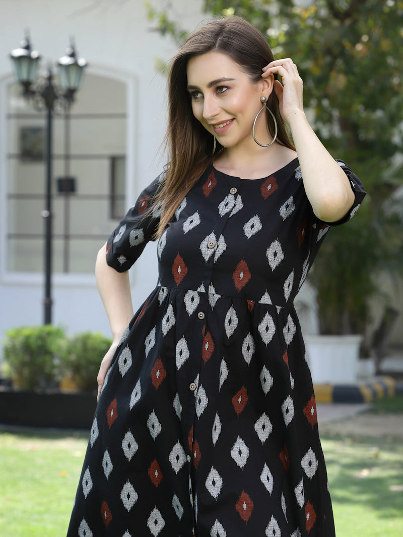 Stylum Women's Ikat Print Cotton Midi Flared Dress (CAIROBLACK)