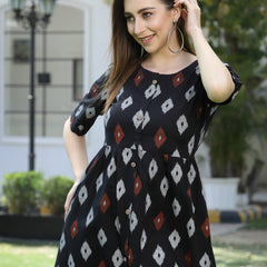 Stylum Women's Ikat Print Cotton Midi Flared Dress (CAIROBLACK)