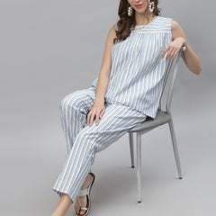 Stylum Women's Self Woven Striped Cotton Blend Top and Pant Set (CORDNAILA)