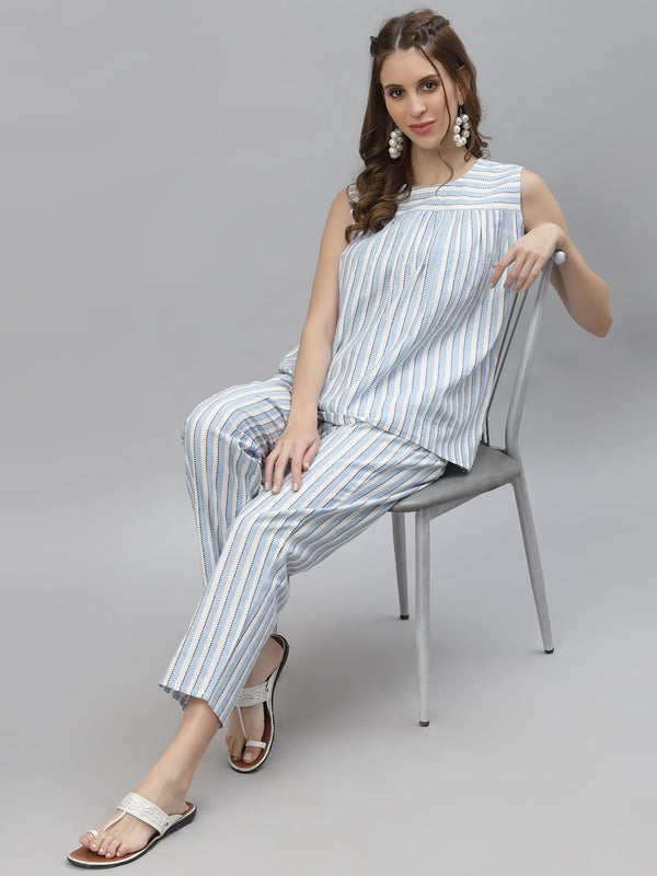 Stylum Women's Self Woven Striped Cotton Blend Top and Pant Set (CORDNAILA)