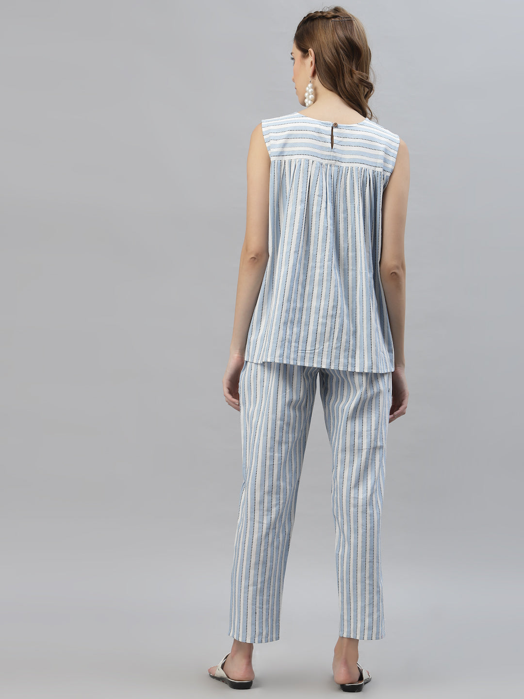 Stylum Women's Self Woven Striped Cotton Blend Top and Pant Set (CORDNAILA)
